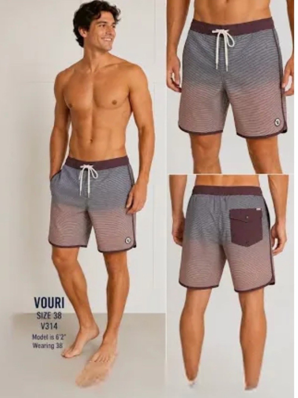 Vuori Men's Gradient Stripe Board Shorts - Maroon and Gray 0612